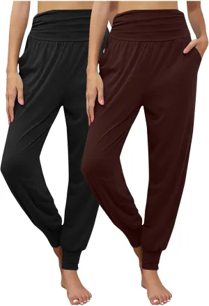 2 Pack Womens Yoga Jogger Pants with Side Pockets Sweatpants Lounge Lightweight Pants for Workout Running Yoga