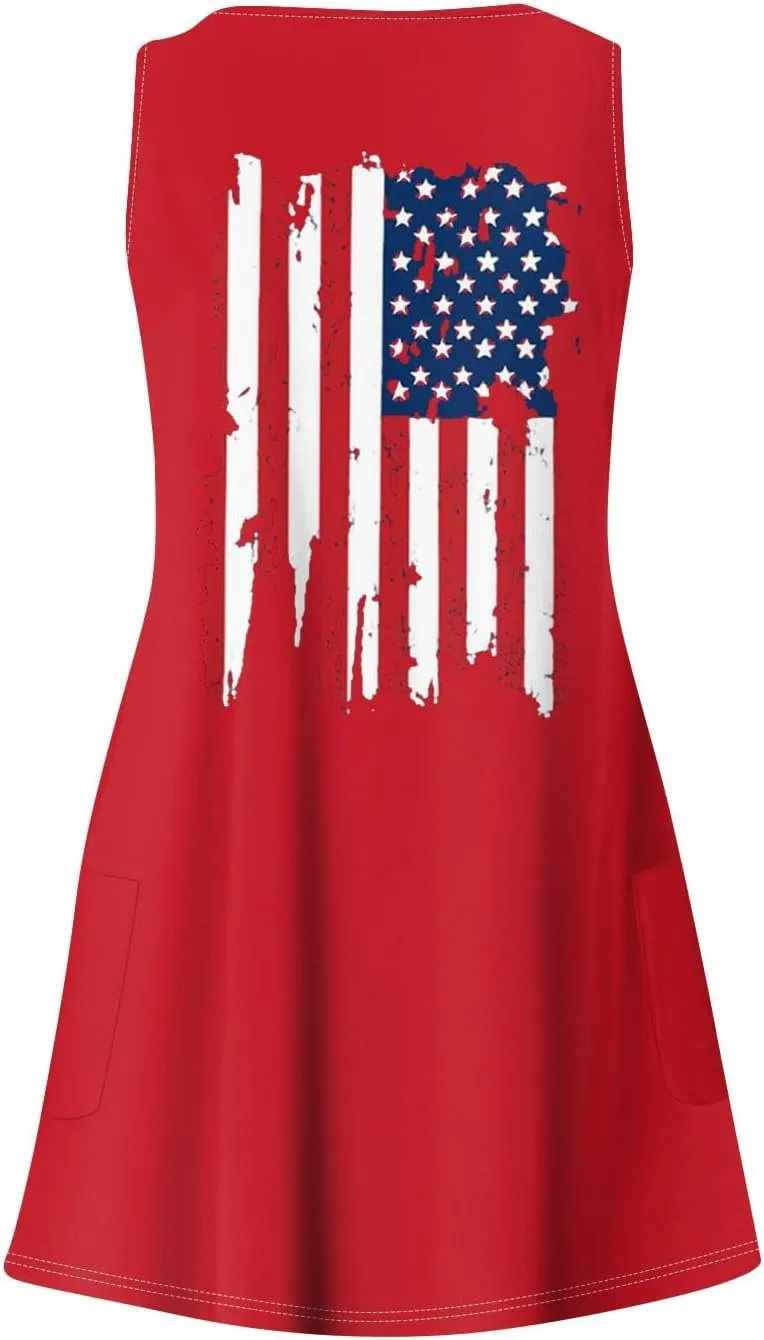 4th of July Dress for Women- American Flag Tank Dresses Beach Cover Up Star Striped Summer Wrap Sundress