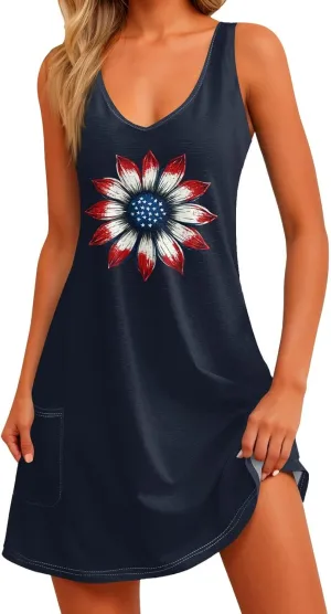 4th of July Dress for Women- American Flag Tank Dresses Beach Cover Up Star Striped Summer Wrap Sundress