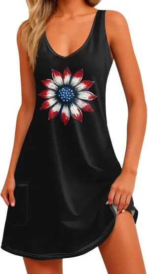 4th of July Dress for Women- American Flag Tank Dresses Beach Cover Up Star Striped Summer Wrap Sundress