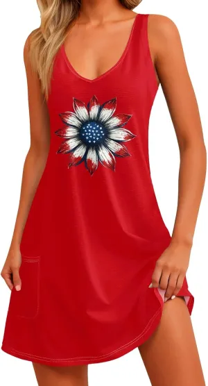 4th of July Dress for Women- American Flag Tank Dresses Beach Cover Up Star Striped Summer Wrap Sundress