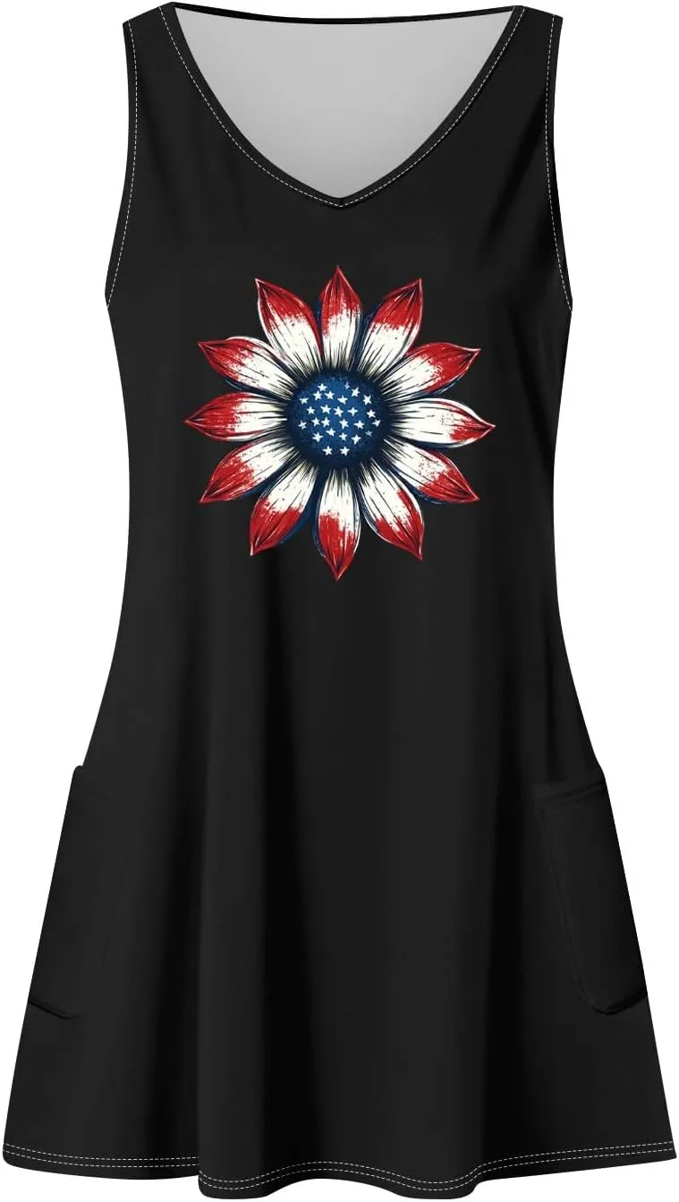 4th of July Dress for Women- American Flag Tank Dresses Beach Cover Up Star Striped Summer Wrap Sundress