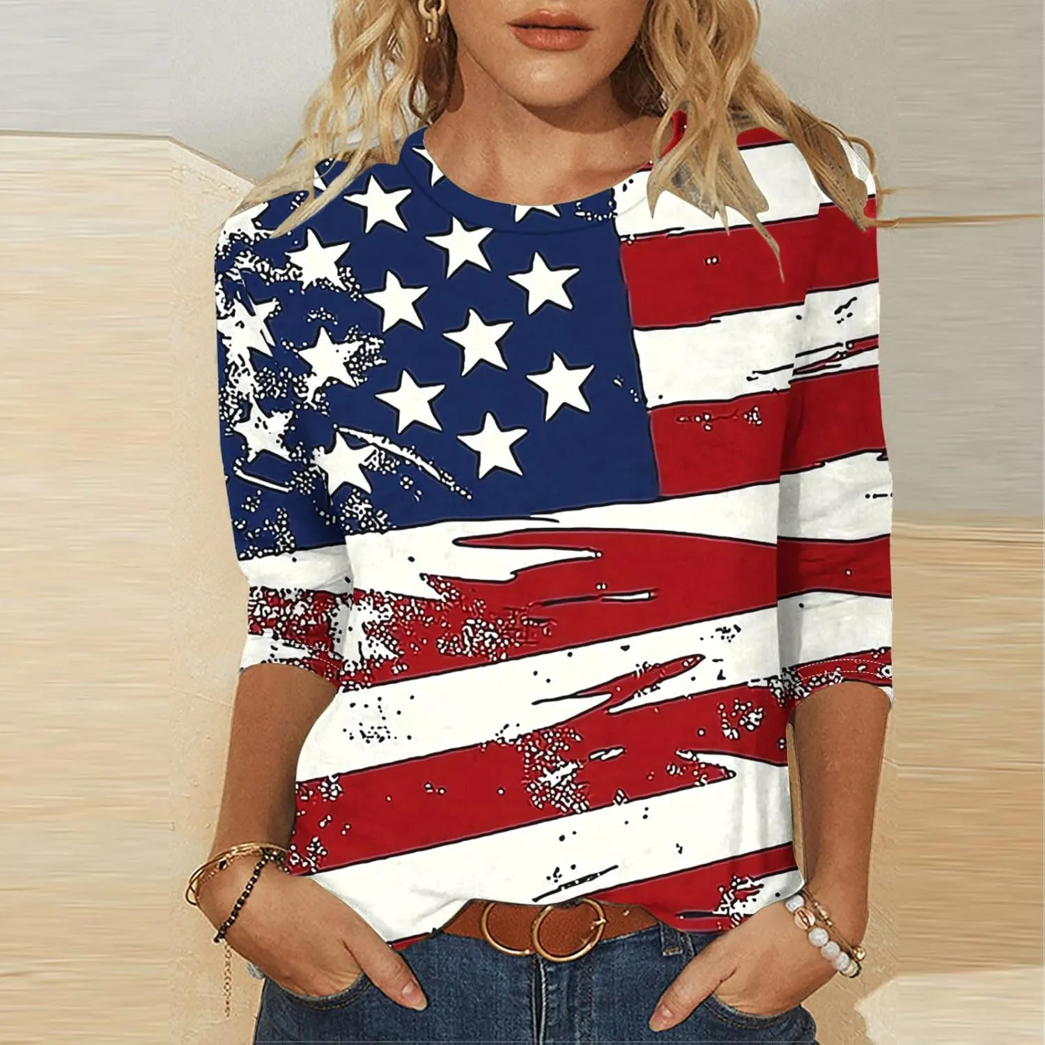4th of July Shirts Women American Flag 3/4 Sleeve Shirt Independence Day Tops Casual Summer T Shirt Patriotic Tees