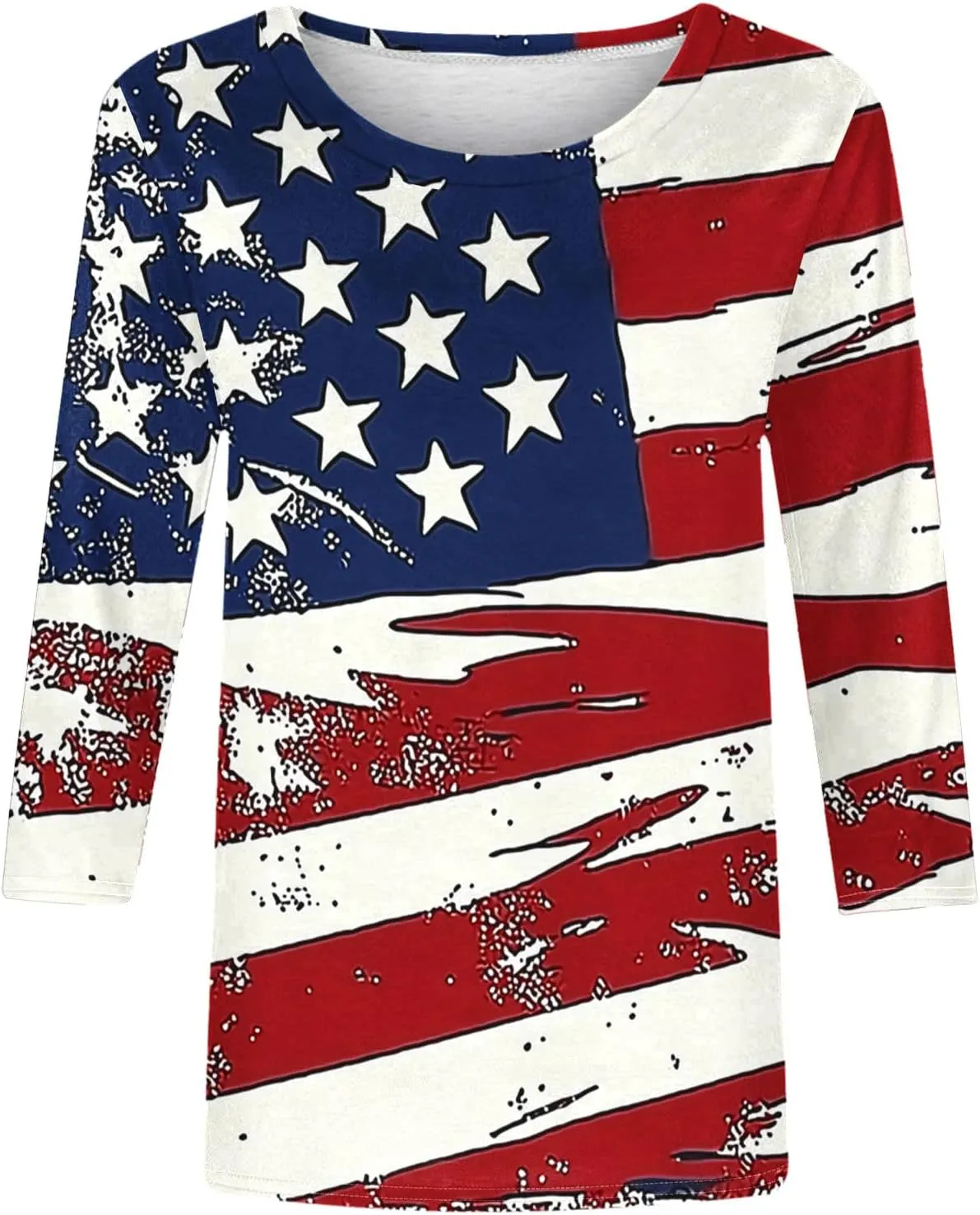 4th of July Shirts Women American Flag 3/4 Sleeve Shirt Independence Day Tops Casual Summer T Shirt Patriotic Tees