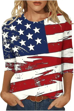 4th of July Shirts Women American Flag 3/4 Sleeve Shirt Independence Day Tops Casual Summer T Shirt Patriotic Tees