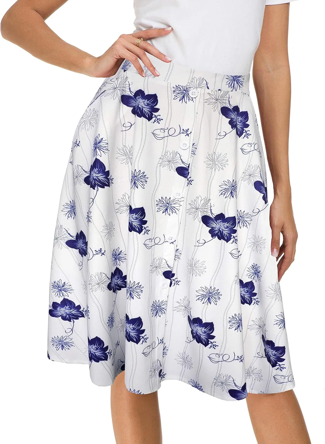 Afibi Womens High Waisted A Line Pleated Midi Skirt Button Front Skirts with Pocket