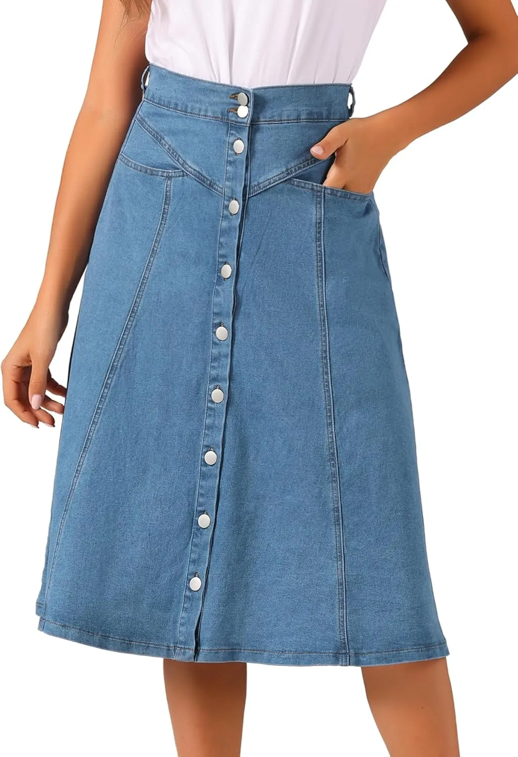 Allegra K Womens' Summer Denim Skirt High Waist Buttons Front A-Line Flowy Midi Skirts with Pockets