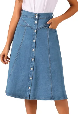 Allegra K Womens' Summer Denim Skirt High Waist Buttons Front A-Line Flowy Midi Skirts with Pockets