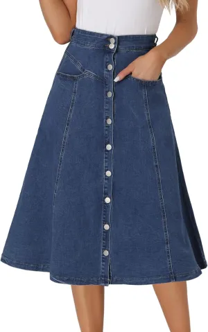 Allegra K Womens' Summer Denim Skirt High Waist Buttons Front A-Line Flowy Midi Skirts with Pockets