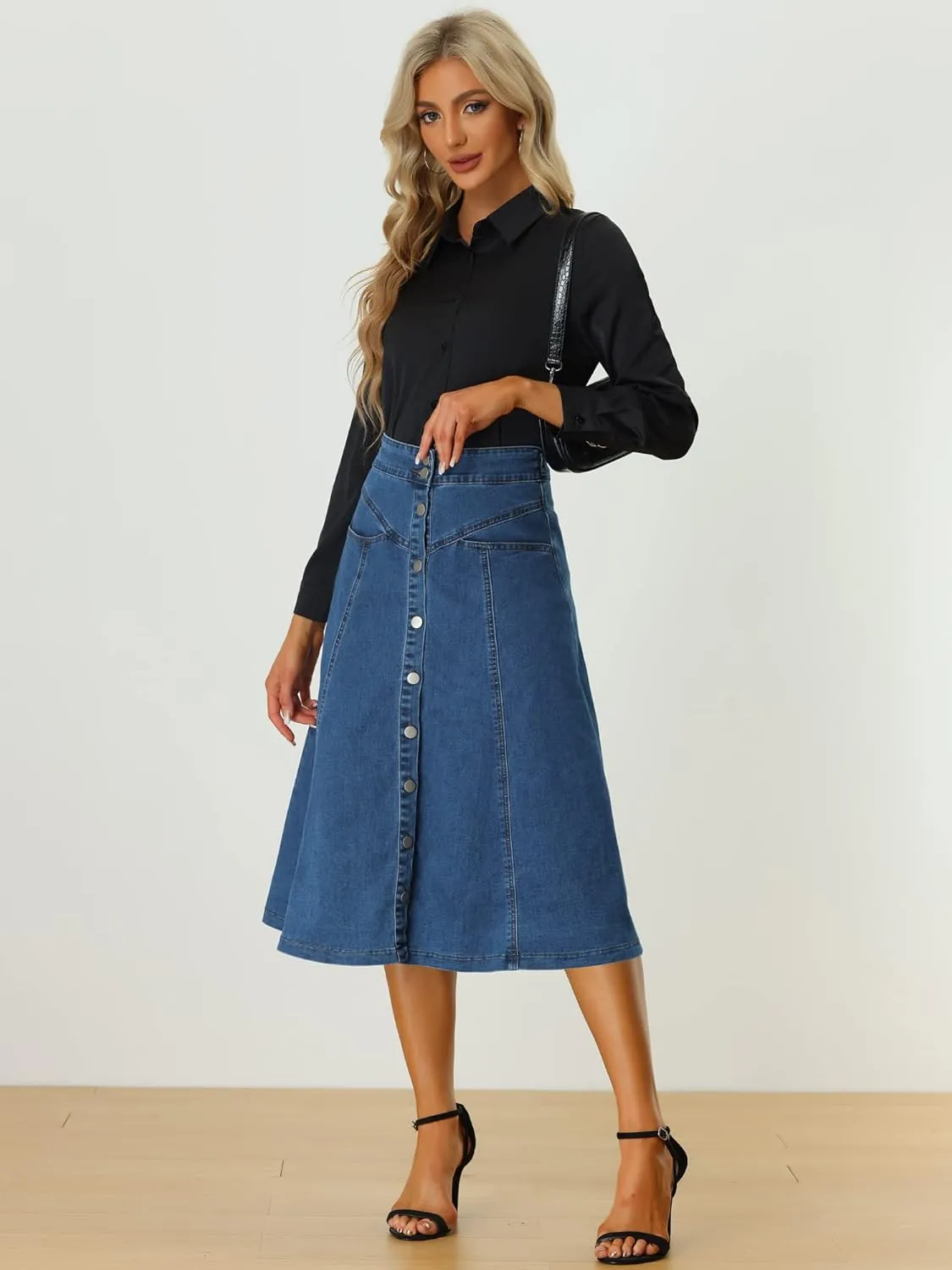 Allegra K Womens' Summer Denim Skirt High Waist Buttons Front A-Line Flowy Midi Skirts with Pockets