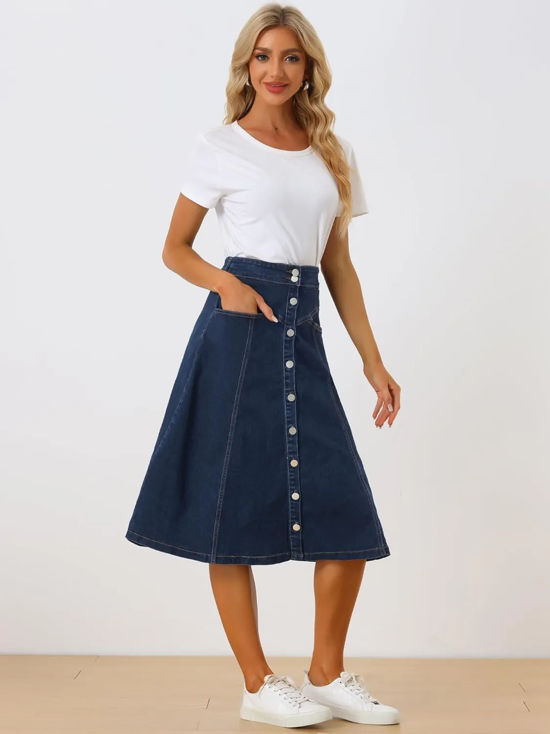 Allegra K Womens' Summer Denim Skirt High Waist Buttons Front A-Line Flowy Midi Skirts with Pockets