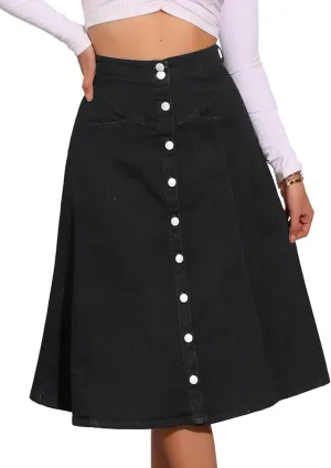 Allegra K Womens' Summer Denim Skirt High Waist Buttons Front A-Line Flowy Midi Skirts with Pockets