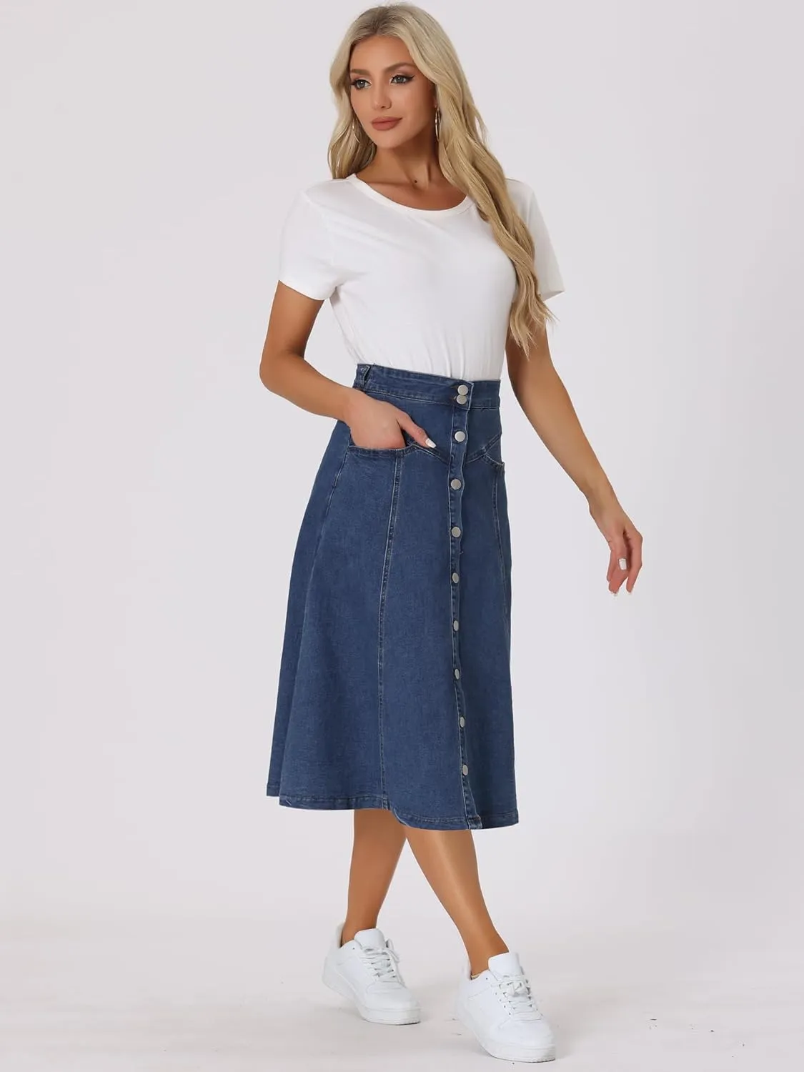 Allegra K Womens' Summer Denim Skirt High Waist Buttons Front A-Line Flowy Midi Skirts with Pockets