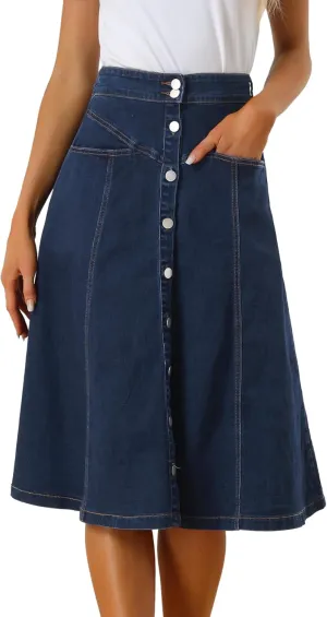 Allegra K Womens' Summer Denim Skirt High Waist Buttons Front A-Line Flowy Midi Skirts with Pockets