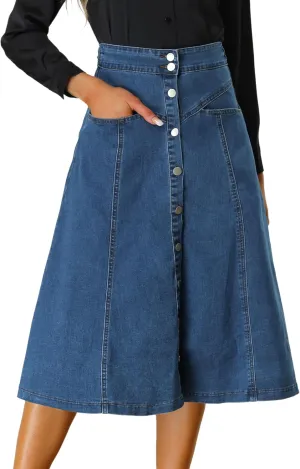 Allegra K Womens' Summer Denim Skirt High Waist Buttons Front A-Line Flowy Midi Skirts with Pockets