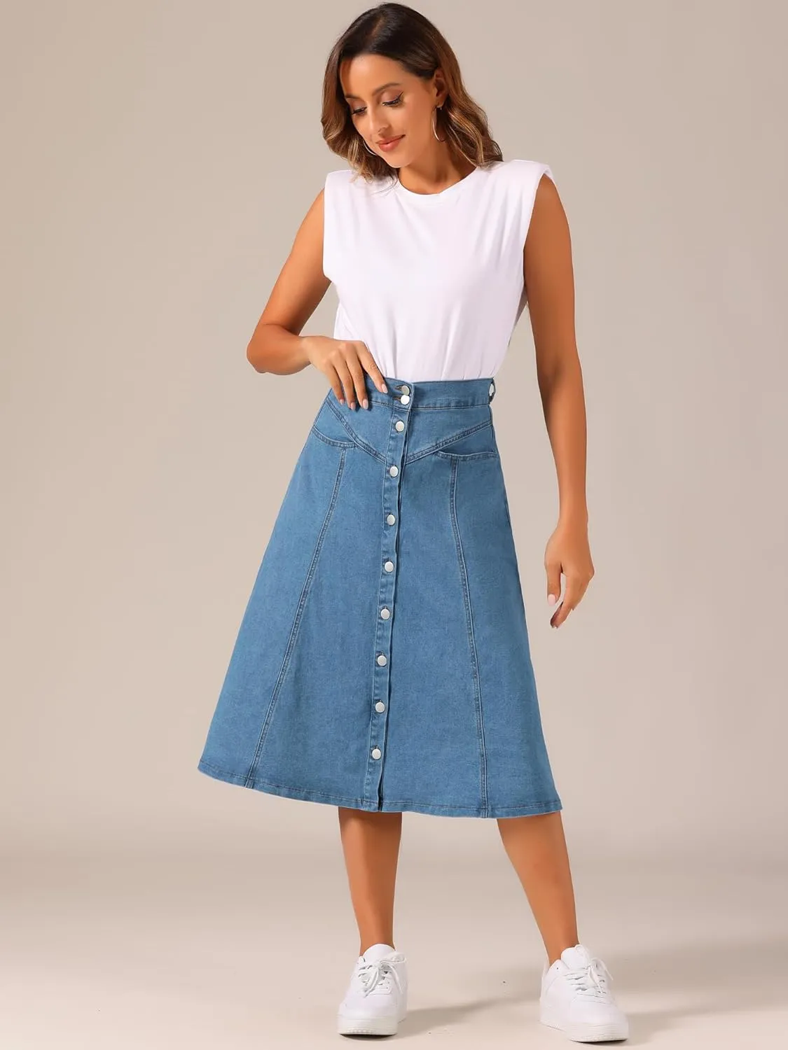 Allegra K Womens' Summer Denim Skirt High Waist Buttons Front A-Line Flowy Midi Skirts with Pockets