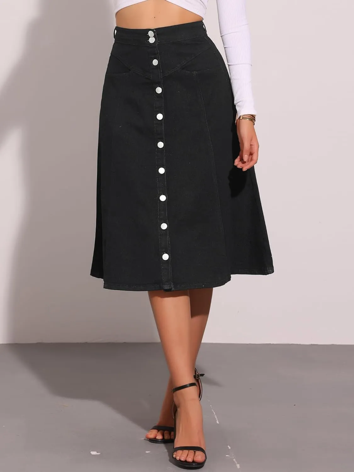 Allegra K Womens' Summer Denim Skirt High Waist Buttons Front A-Line Flowy Midi Skirts with Pockets