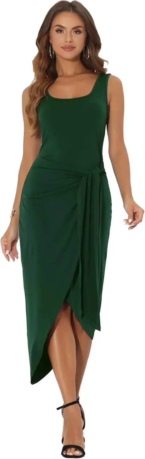 Allegra K Women's Tank Dresses Faux Wrap Tie Waist Bodycon High Low Asymmetrical Dress