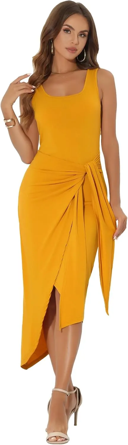 Allegra K Women's Tank Dresses Faux Wrap Tie Waist Bodycon High Low Asymmetrical Dress