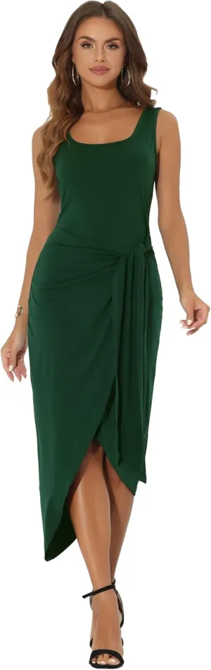 Allegra K Women's Tank Dresses Faux Wrap Tie Waist Bodycon High Low Asymmetrical Dress