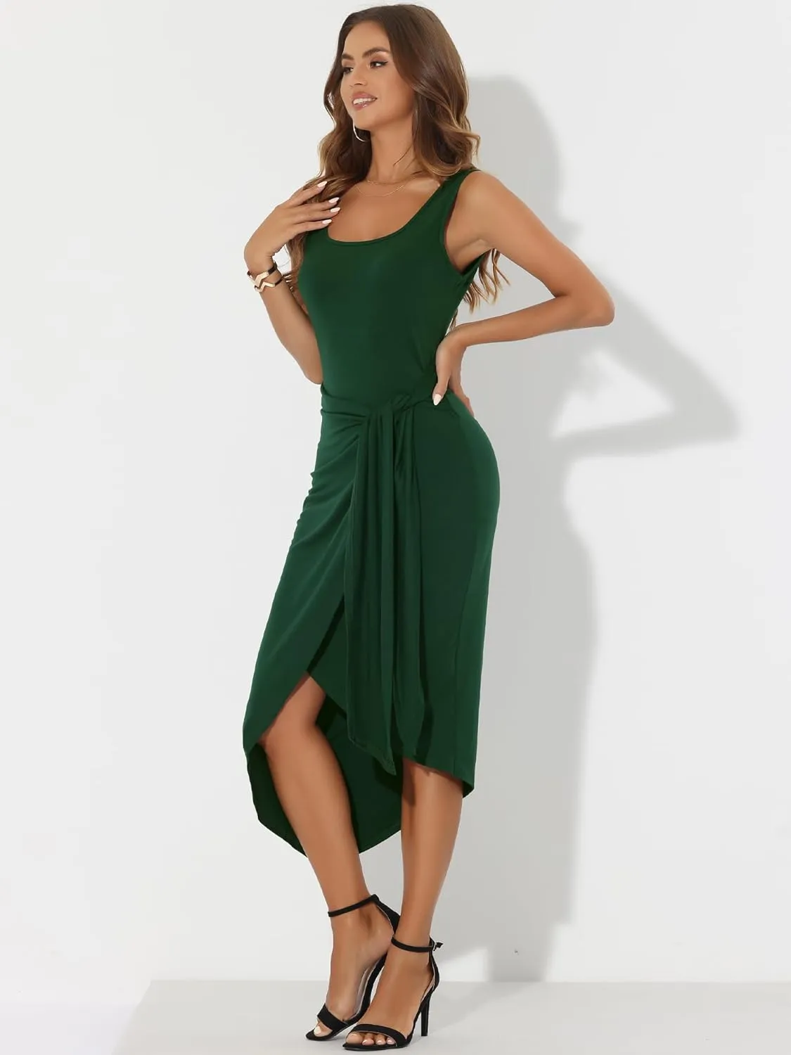Allegra K Women's Tank Dresses Faux Wrap Tie Waist Bodycon High Low Asymmetrical Dress