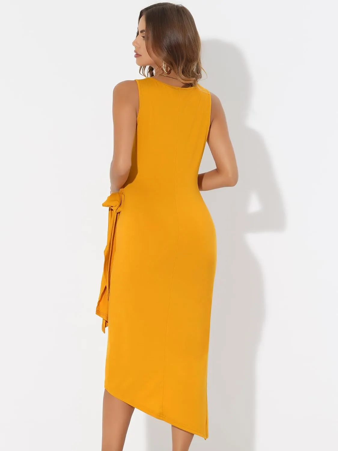 Allegra K Women's Tank Dresses Faux Wrap Tie Waist Bodycon High Low Asymmetrical Dress