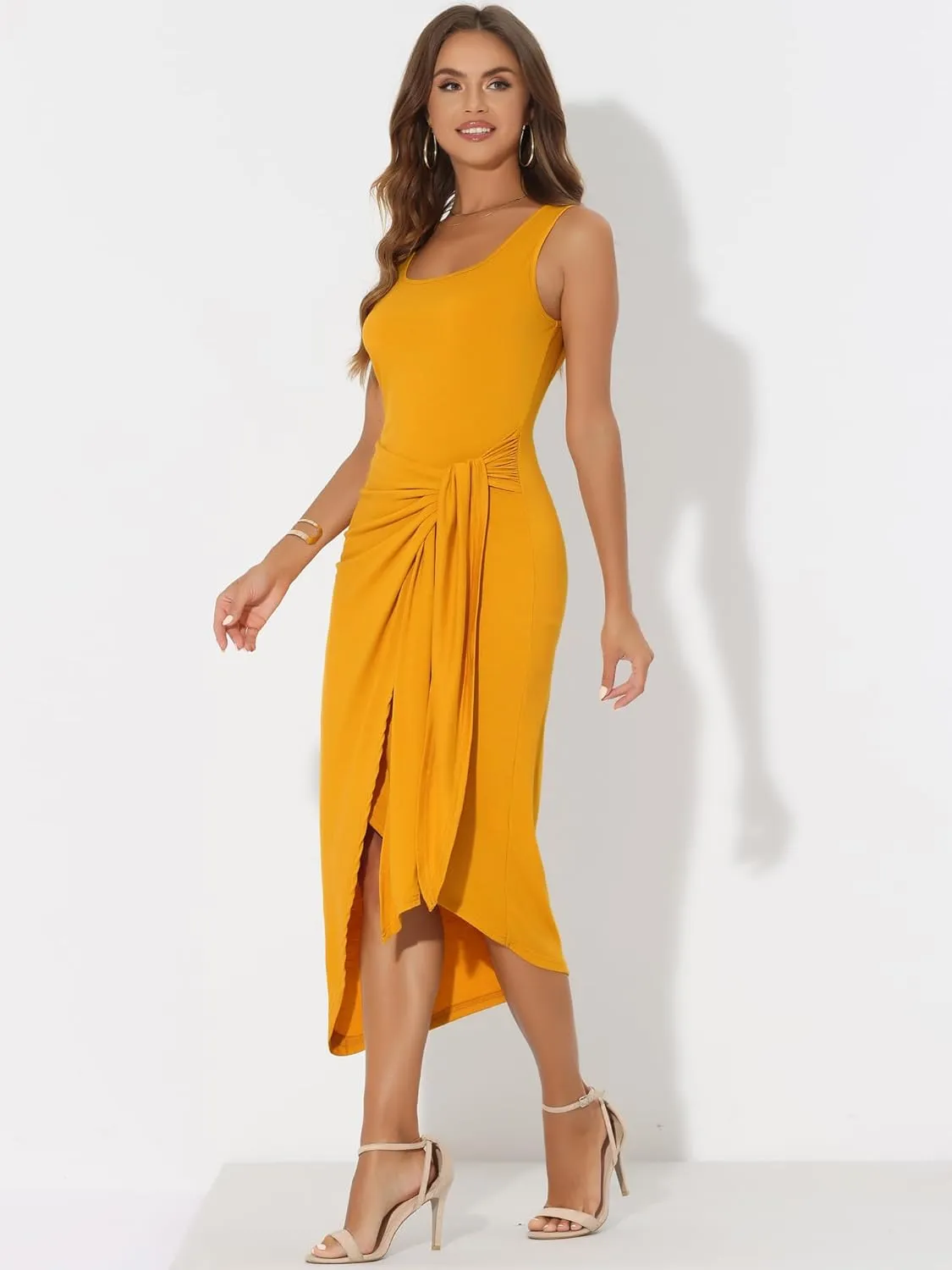Allegra K Women's Tank Dresses Faux Wrap Tie Waist Bodycon High Low Asymmetrical Dress