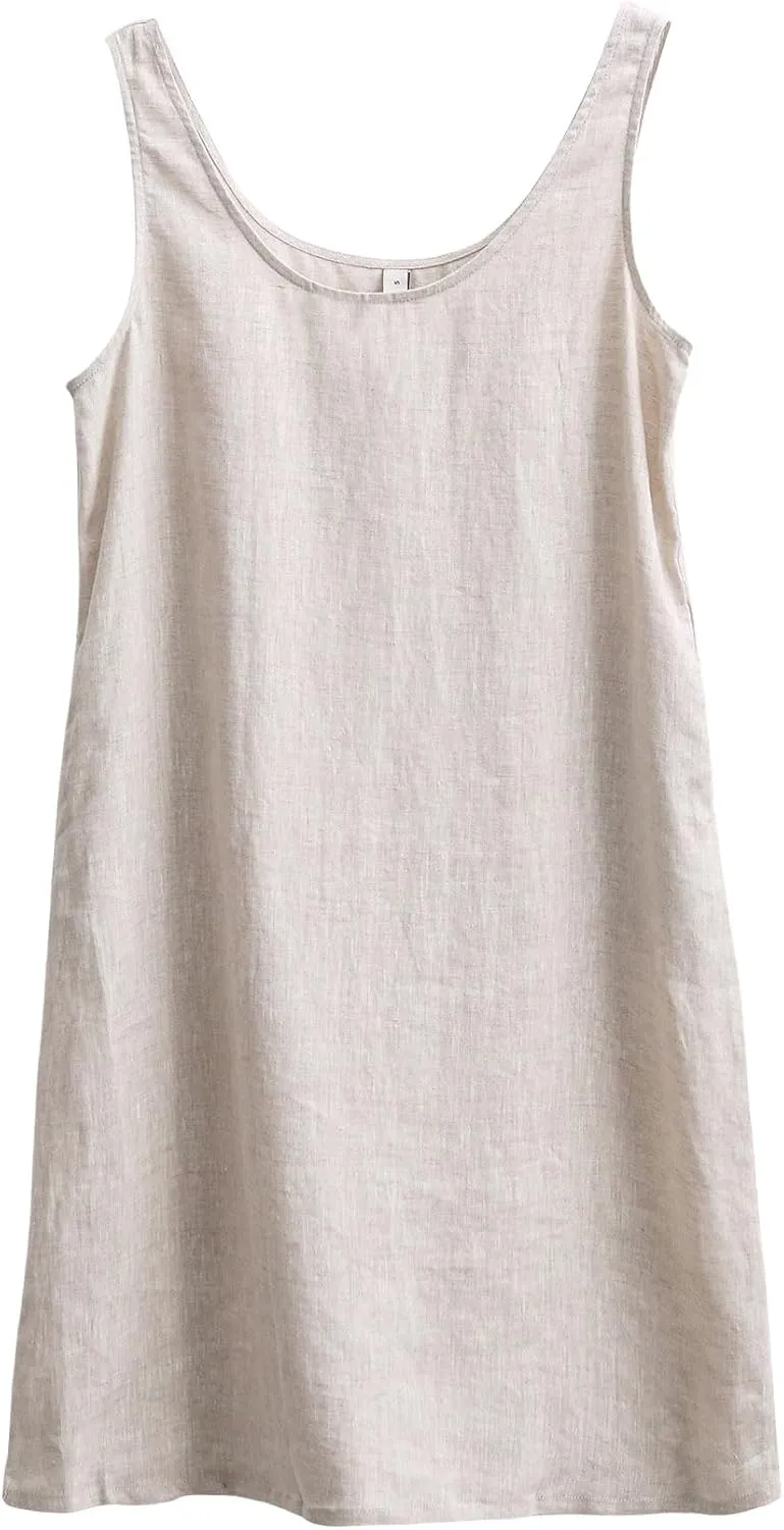 Amazhiyu Womens 100% Linen Summer Sleeveless Midi Tank Dresses with Pockets