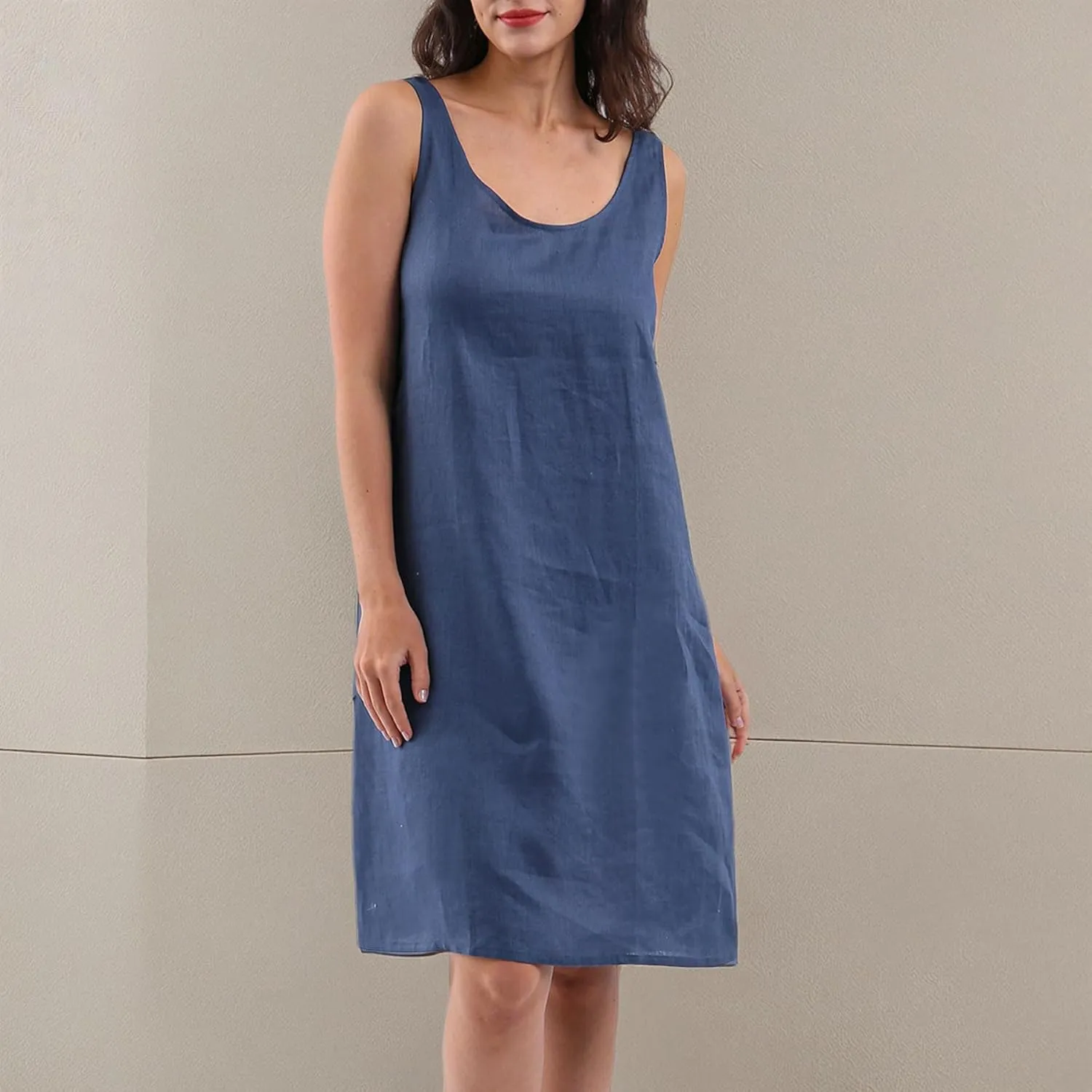 Amazhiyu Womens 100% Linen Summer Sleeveless Midi Tank Dresses with Pockets