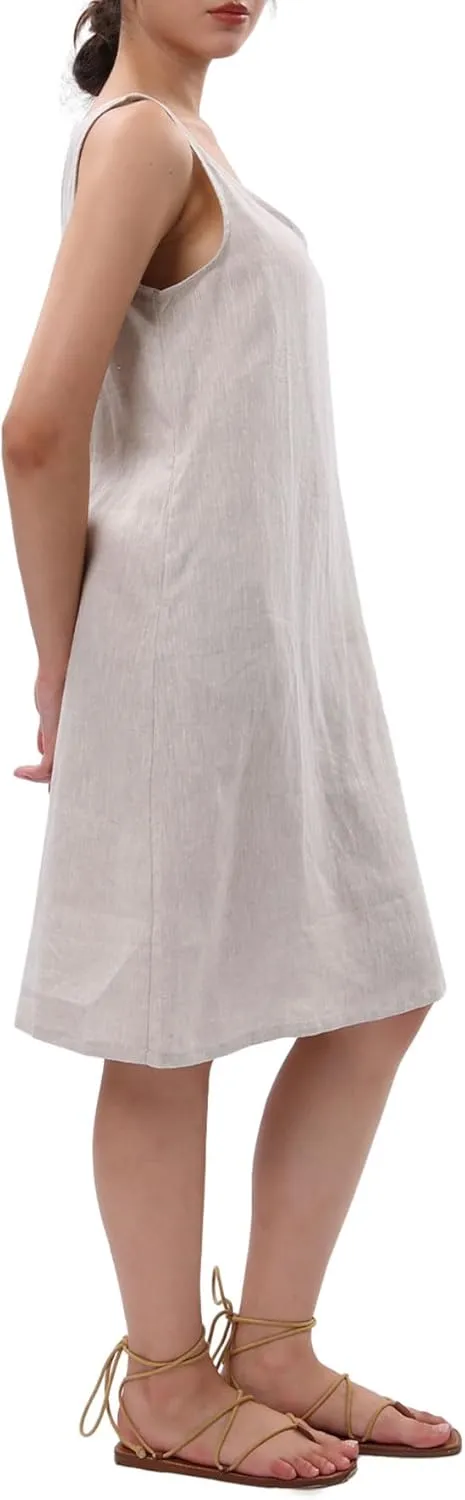 Amazhiyu Womens 100% Linen Summer Sleeveless Midi Tank Dresses with Pockets