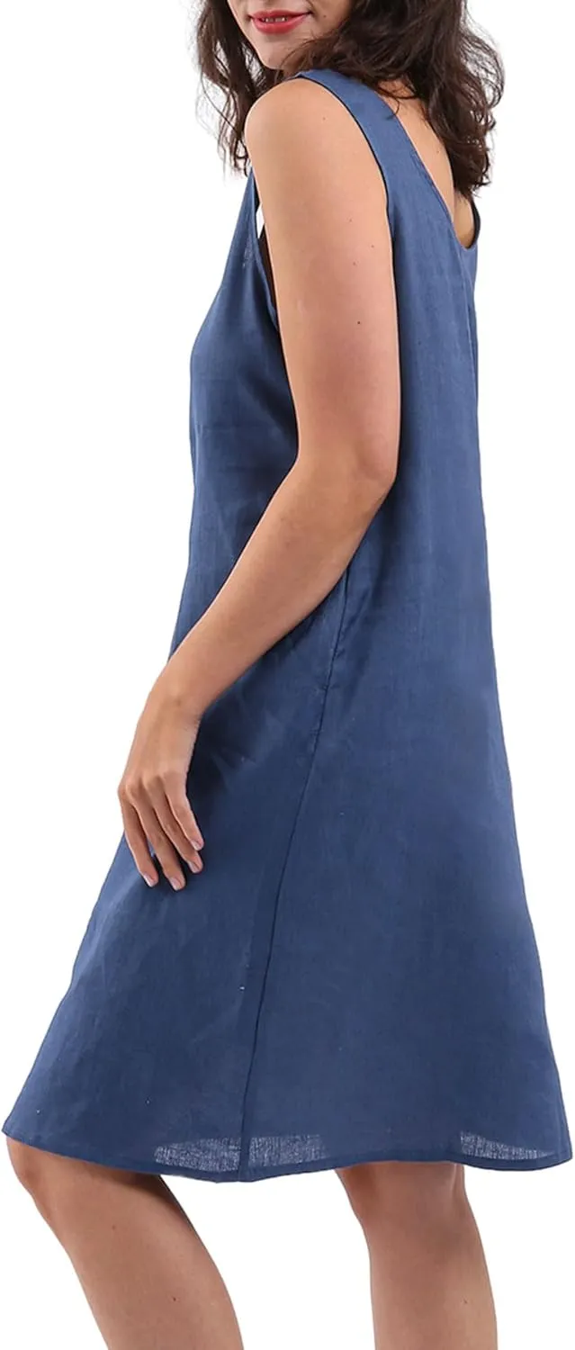 Amazhiyu Womens 100% Linen Summer Sleeveless Midi Tank Dresses with Pockets