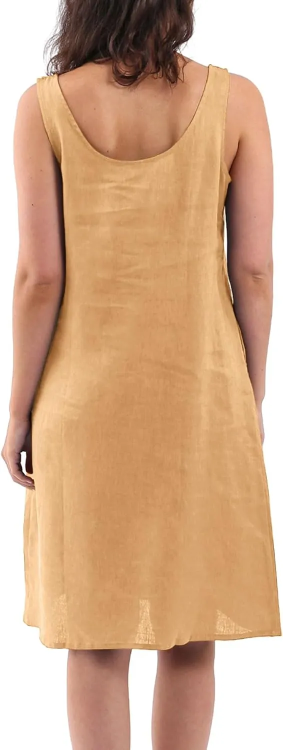 Amazhiyu Womens 100% Linen Summer Sleeveless Midi Tank Dresses with Pockets