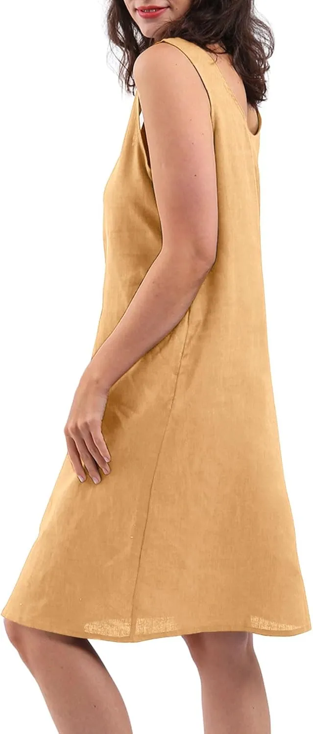 Amazhiyu Womens 100% Linen Summer Sleeveless Midi Tank Dresses with Pockets