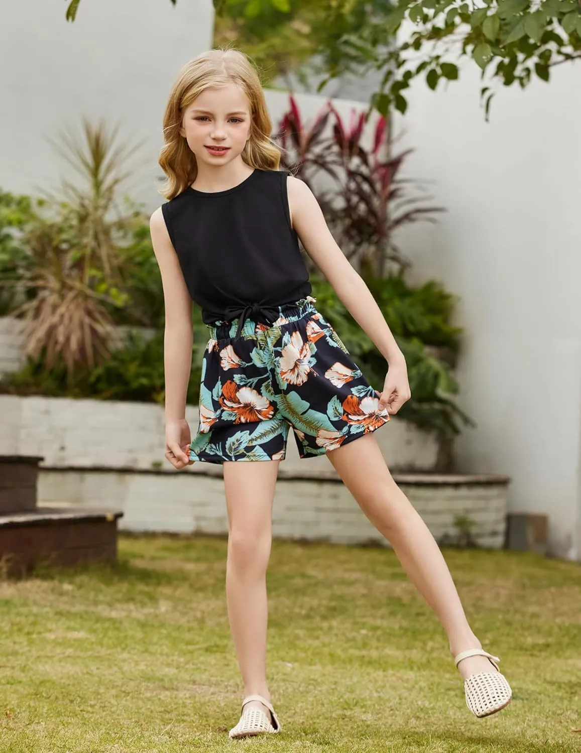 Arshiner Girl's 2 Piece Outfits Tie Knot Tank Top and Paperbag Waist Pocketed Summer Short Sets