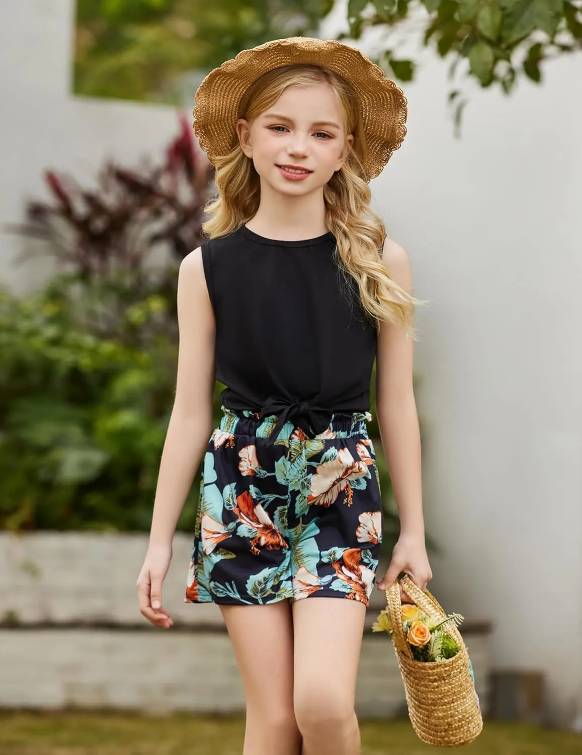 Arshiner Girl's 2 Piece Outfits Tie Knot Tank Top and Paperbag Waist Pocketed Summer Short Sets