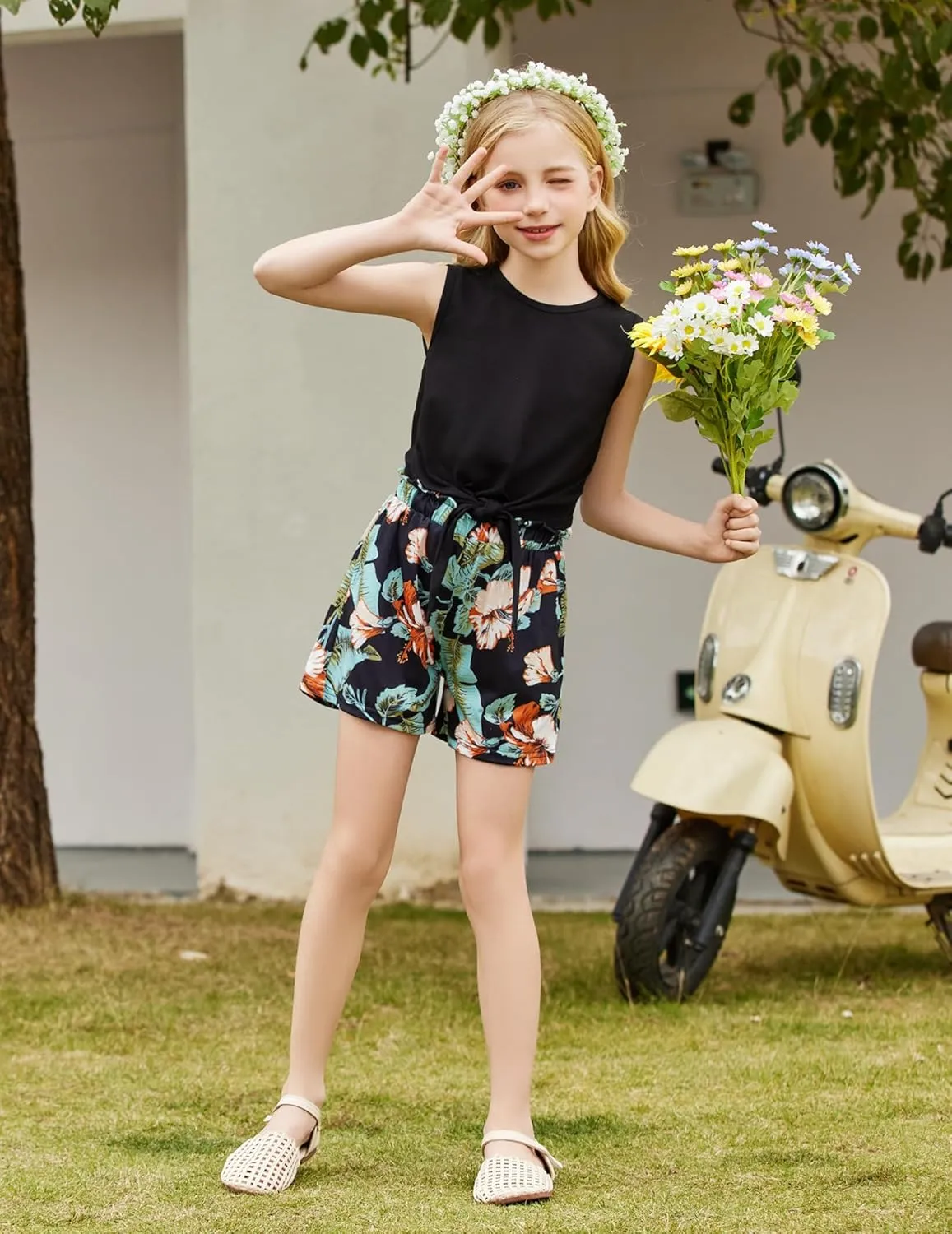 Arshiner Girl's 2 Piece Outfits Tie Knot Tank Top and Paperbag Waist Pocketed Summer Short Sets