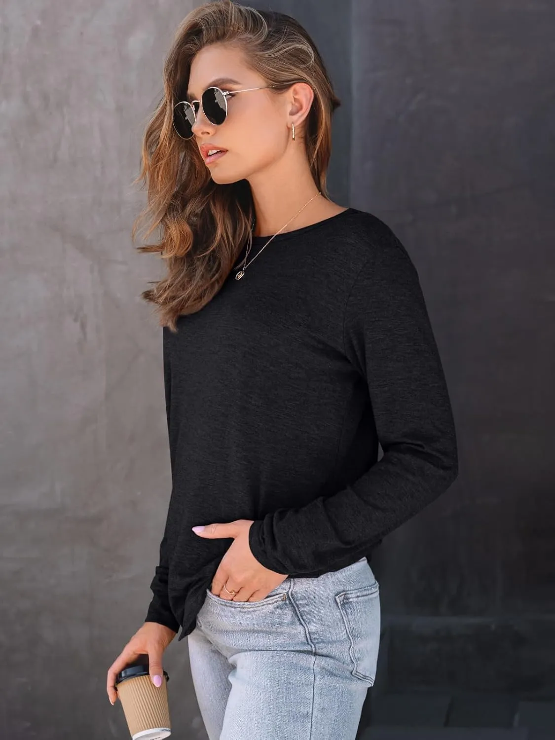 AUTOMET Women's Long Sleeve Shirts Casual Loose Fit Tees Solid Color Oversized Basic Tops Business Casual Outfits