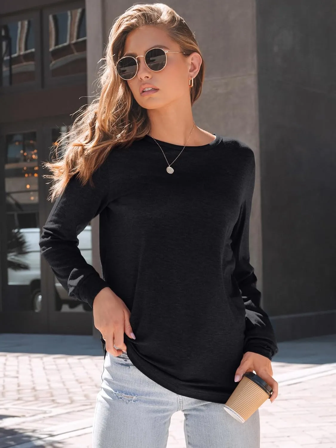 AUTOMET Women's Long Sleeve Shirts Casual Loose Fit Tees Solid Color Oversized Basic Tops Business Casual Outfits