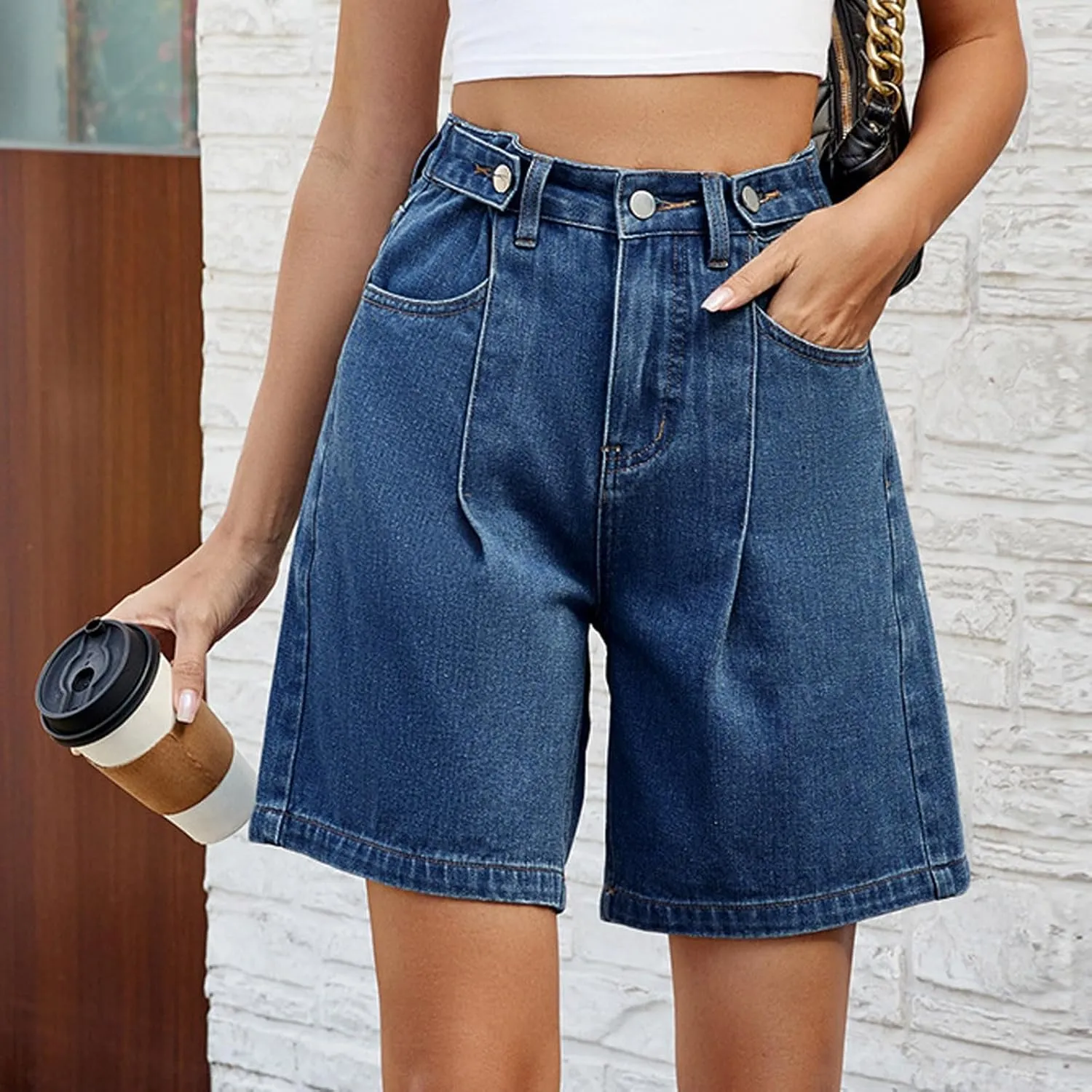 Bermuda Jean Shorts for Women Adjustable Button High Waisted Stretchy Loose Fit Trendy Casual Denim Short with Pockets