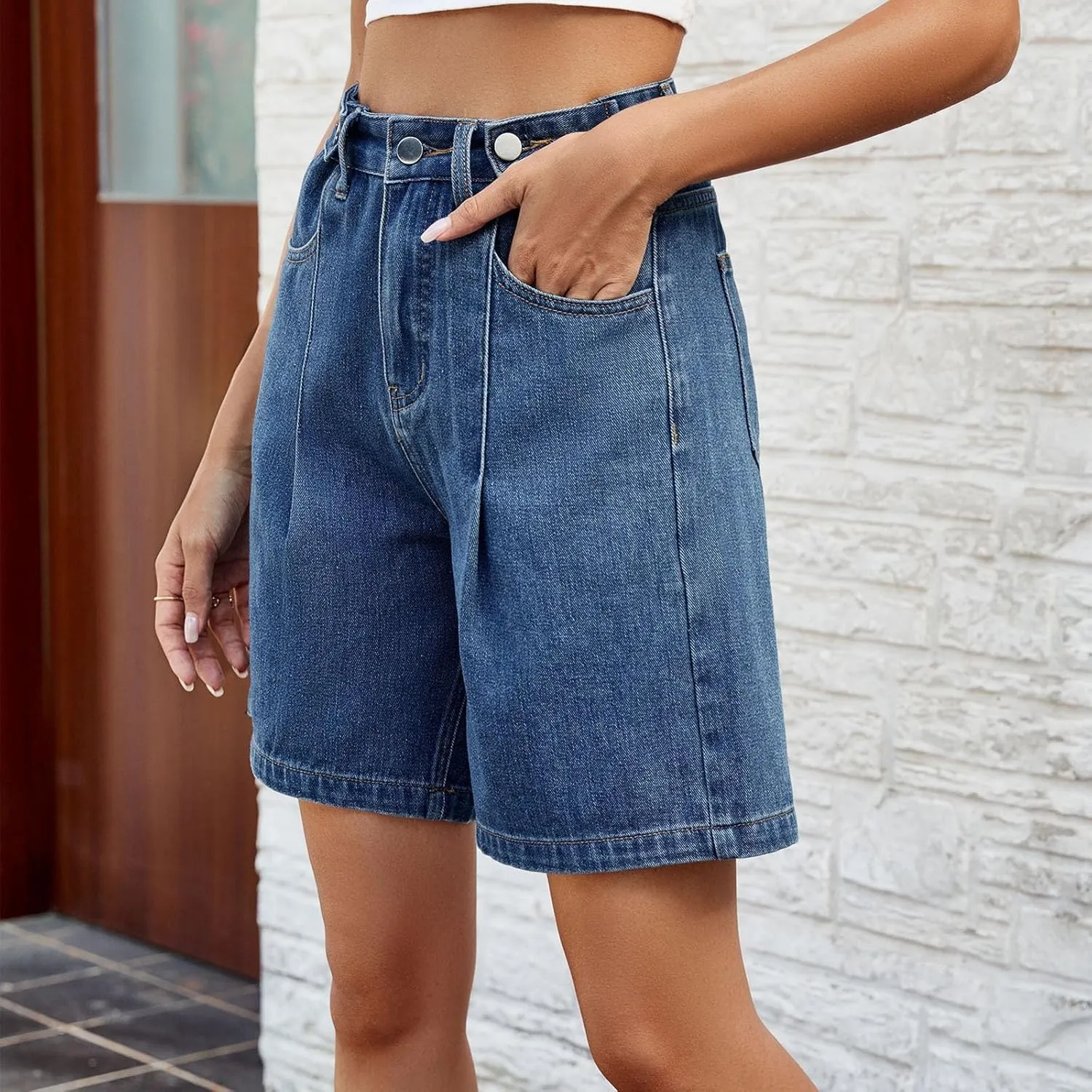 Bermuda Jean Shorts for Women Adjustable Button High Waisted Stretchy Loose Fit Trendy Casual Denim Short with Pockets
