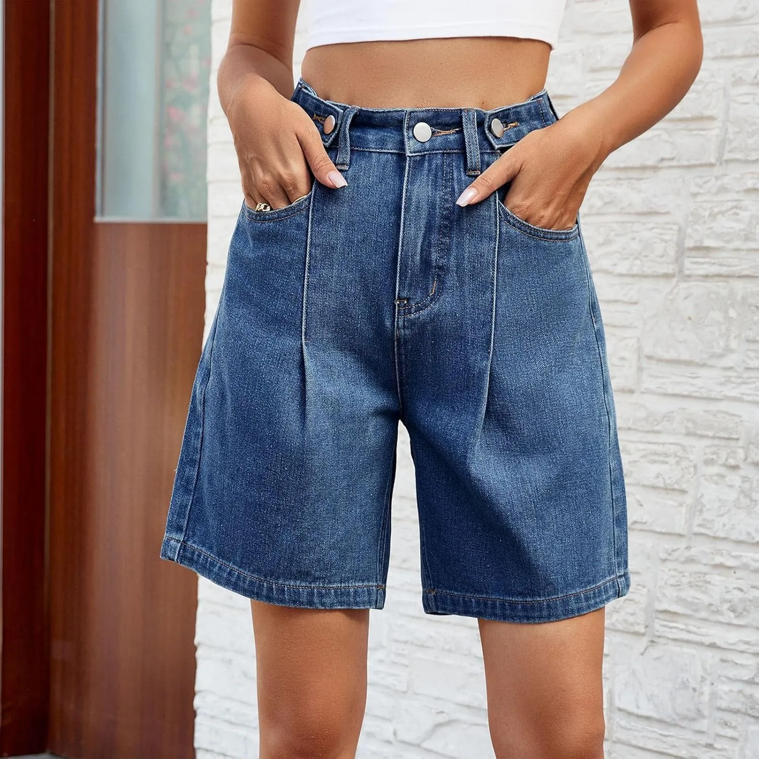 Bermuda Jean Shorts for Women Adjustable Button High Waisted Stretchy Loose Fit Trendy Casual Denim Short with Pockets