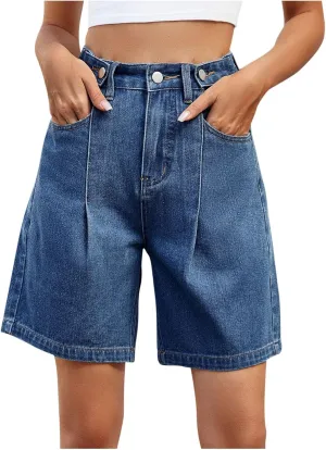 Bermuda Jean Shorts for Women Adjustable Button High Waisted Stretchy Loose Fit Trendy Casual Denim Short with Pockets