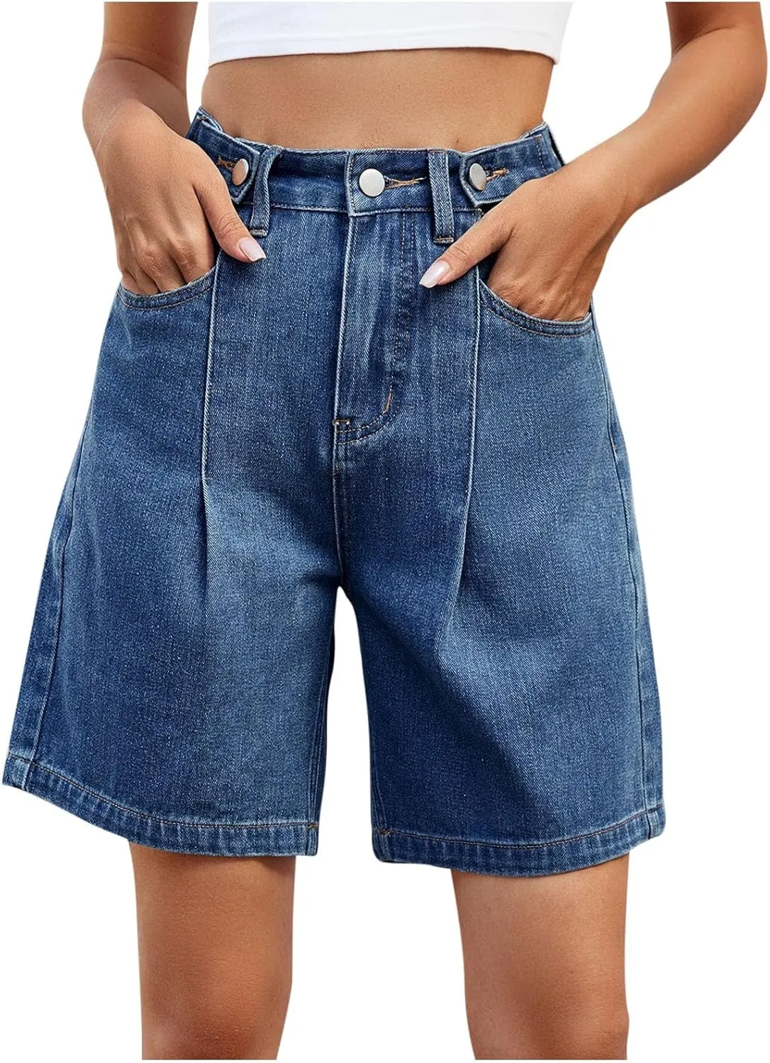 Bermuda Jean Shorts for Women Adjustable Button High Waisted Stretchy Loose Fit Trendy Casual Denim Short with Pockets