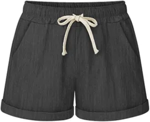 Bermuda Shorts for Women Cotton Linen Comfy Plus Size Elastic Waist Knee Length Travel Shorts for Summer Walking Beach