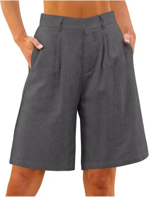Bermuda Shorts for Women High Waisted Dressy Casual Linen Shorts Wide Leg Knee Length Summer Beach Shorts with Pocket
