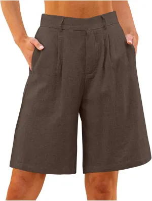 Bermuda Shorts for Women High Waisted Dressy Casual Linen Shorts Wide Leg Knee Length Summer Beach Shorts with Pocket