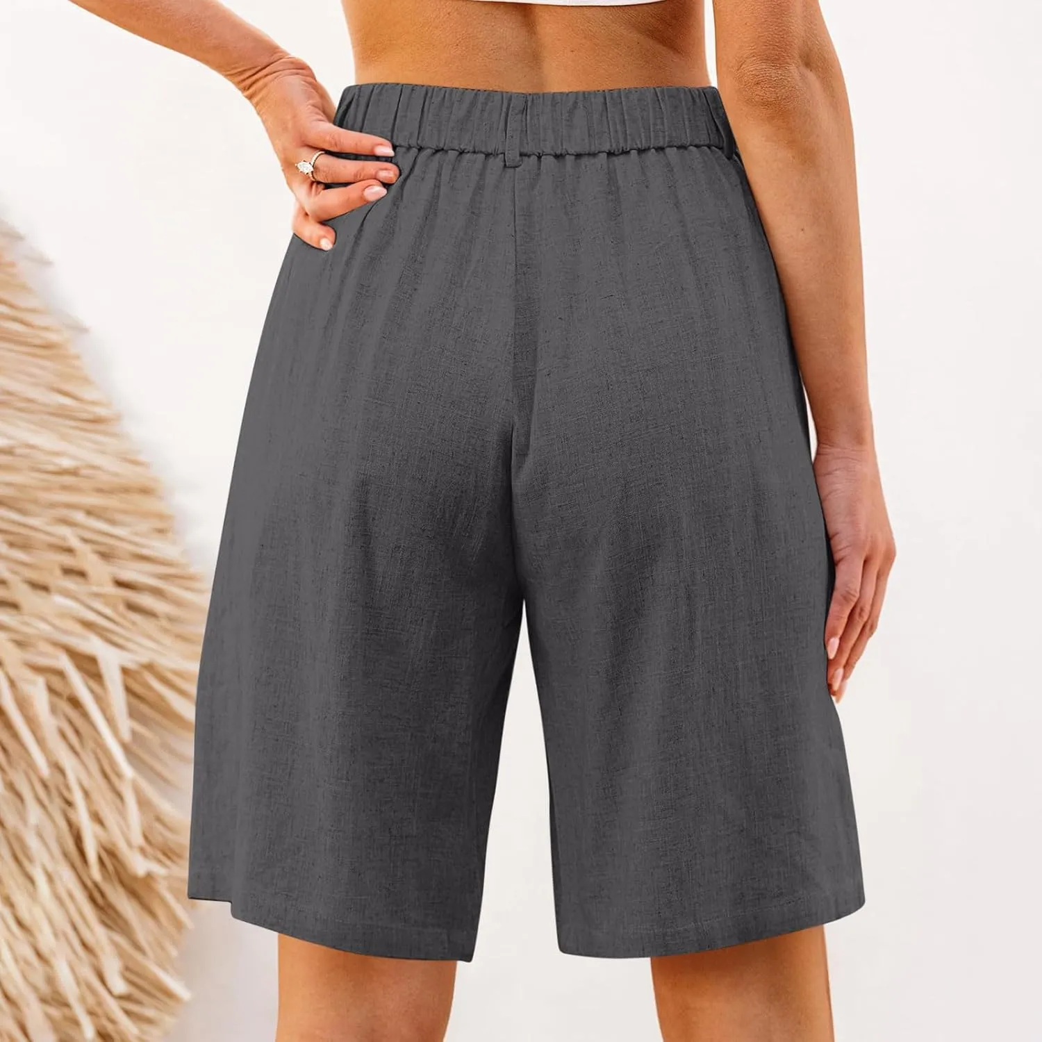 Bermuda Shorts for Women High Waisted Dressy Casual Linen Shorts Wide Leg Knee Length Summer Beach Shorts with Pocket