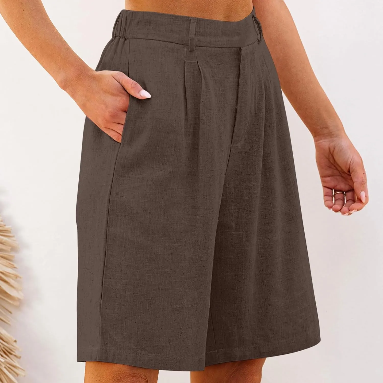 Bermuda Shorts for Women High Waisted Dressy Casual Linen Shorts Wide Leg Knee Length Summer Beach Shorts with Pocket