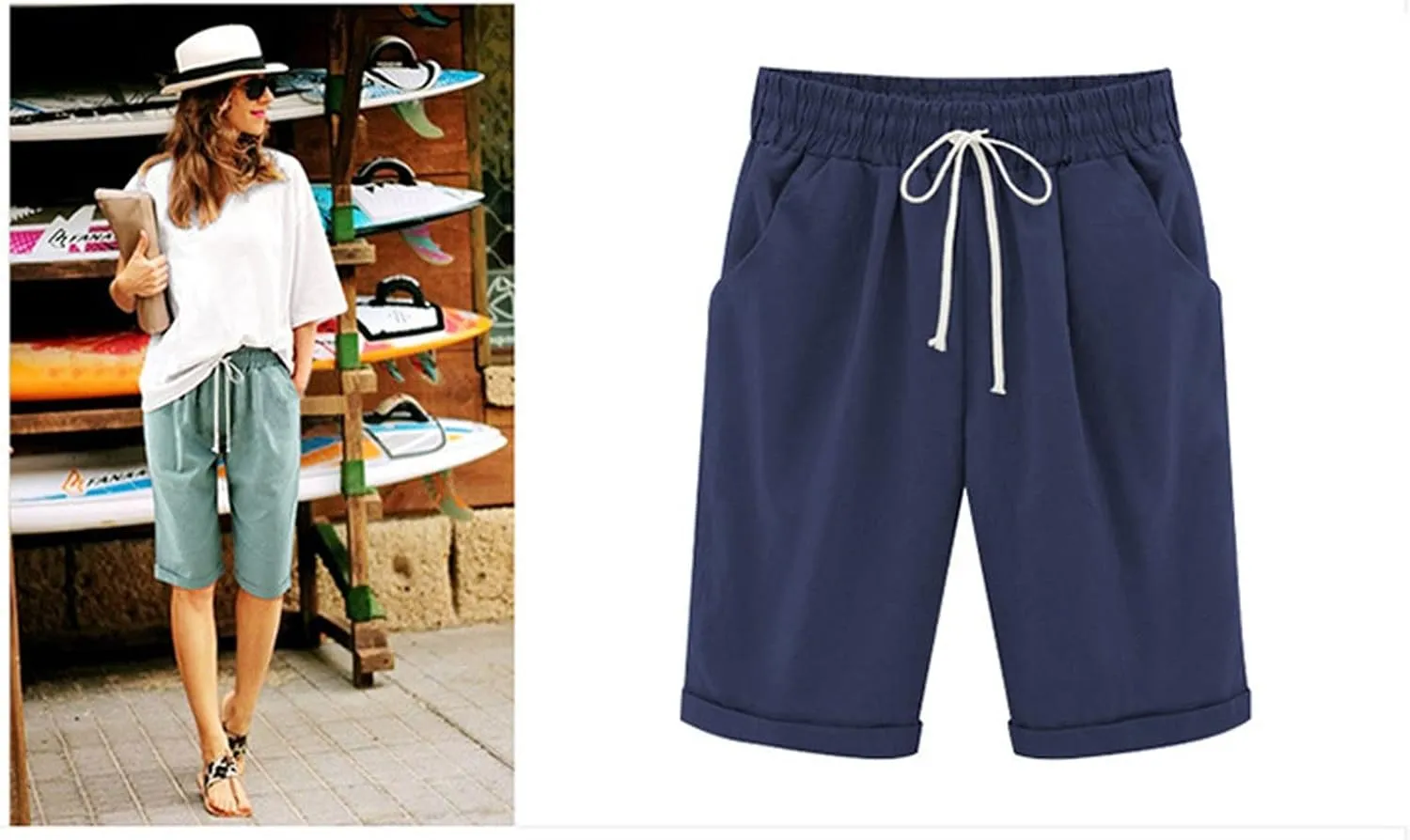 Bermuda Shorts for Women Knee Length Plus Size High Waisted Linen Shorts Summer Casual Drawstring Beach Outfits