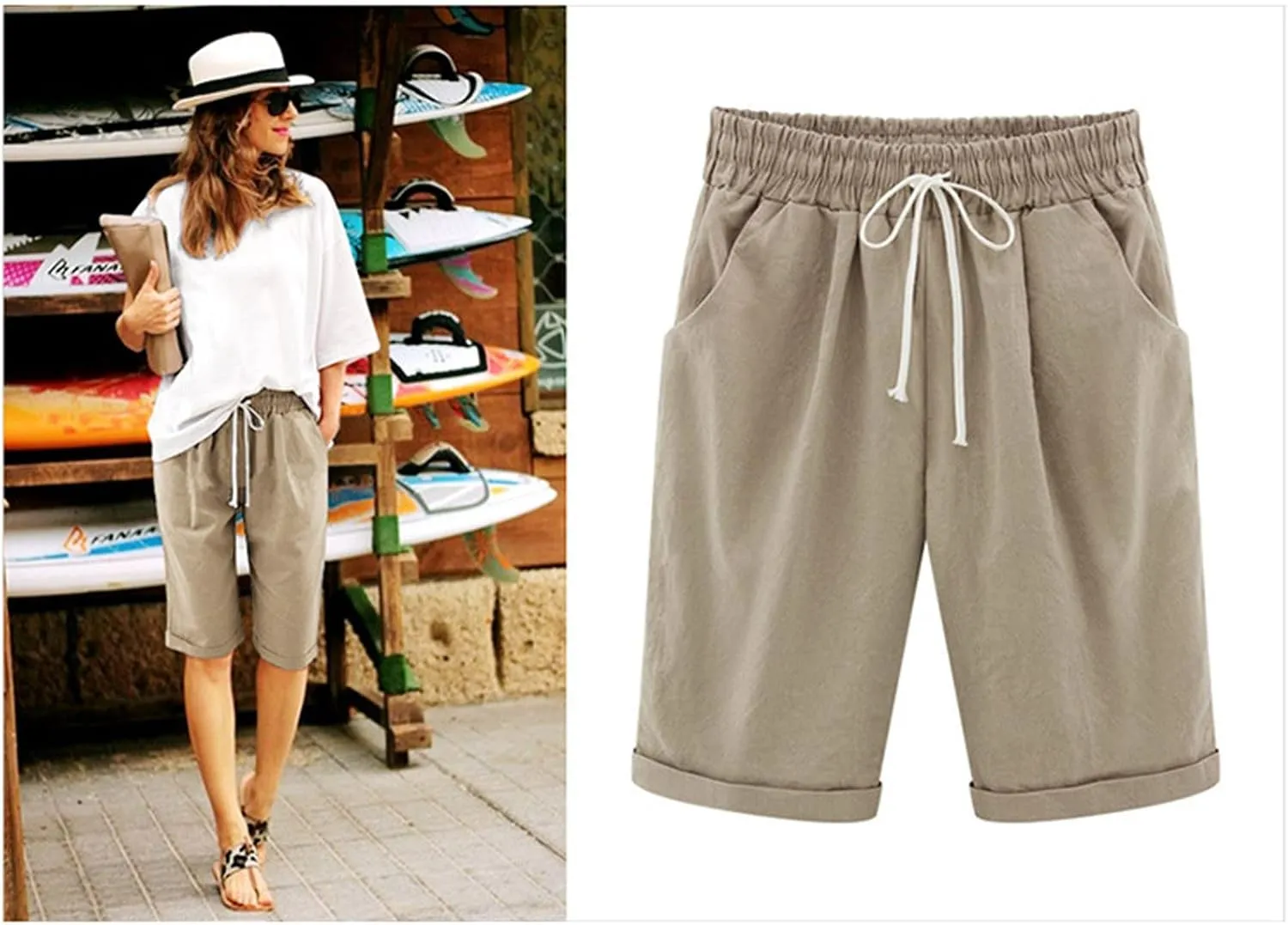 Bermuda Shorts for Women Knee Length Plus Size High Waisted Linen Shorts Summer Casual Drawstring Beach Outfits